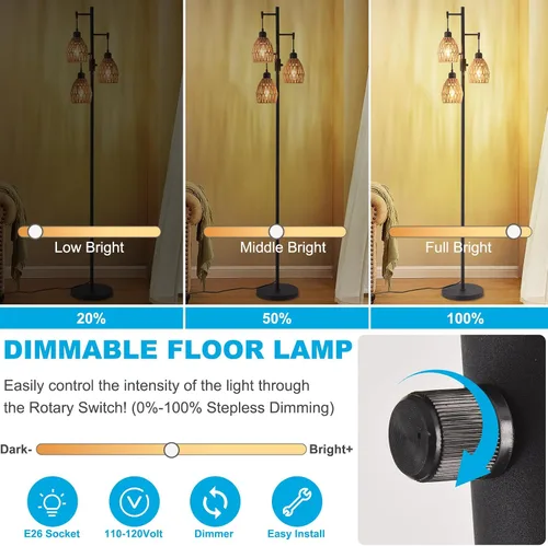Miniatura 2 de Lámpara de pie de ratán bohemio para sala de estar, lámpara de pie regulable de 70 pulgadas con pantalla de jaula, lámparas de pie industriales
