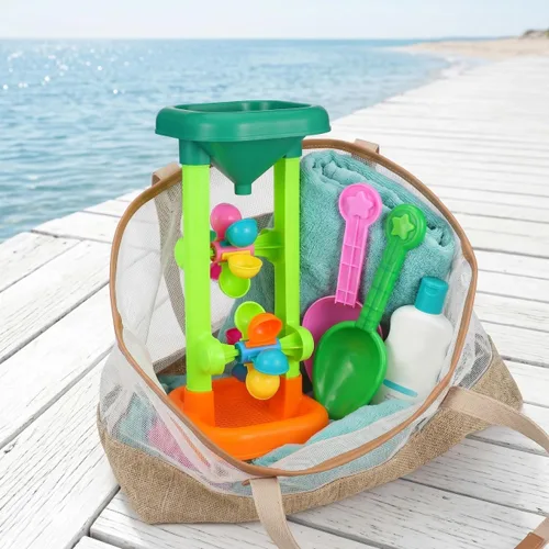 Miniatura 5 de Rueda de agua de arena: reloj de arena de juguete de playa para niños, doble embudo giratorio, torre de derrame con palas para patio trasero, caja