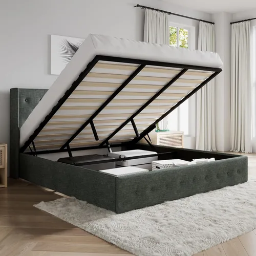 Miniatura 13 de SHA CERLIN Base de cama tamaño queen con almacenamiento elevado, cabecero abatible con botón, plataforma tapizada, almacenamiento hidráulico, Beige