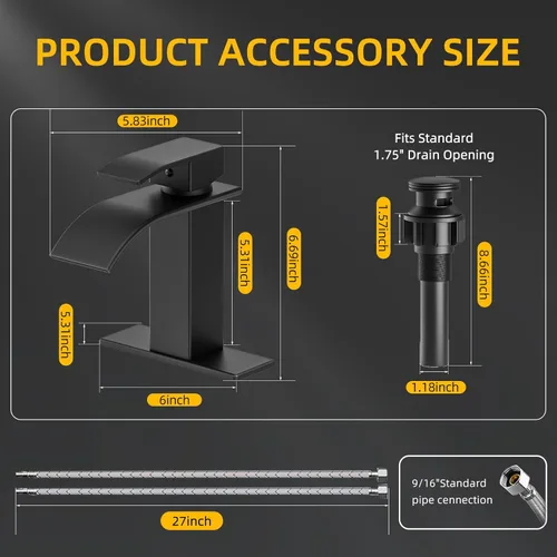 Miniatura 3 de Ryuwanku Grifo de Baño Negro Mate Moderno de Cascada para Lavabo de Baño con Mango Único Adecuado para 1 o 3 Orificios, Incluye Placa de Cubierta