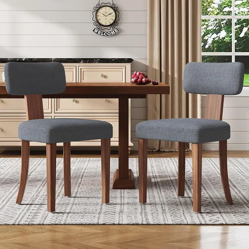 LUXOAK Juego de 2 sillas de comedor modernas de mediados de siglo, sillas de cocina tapizadas de lino con respaldo curvado y patas ajustables para