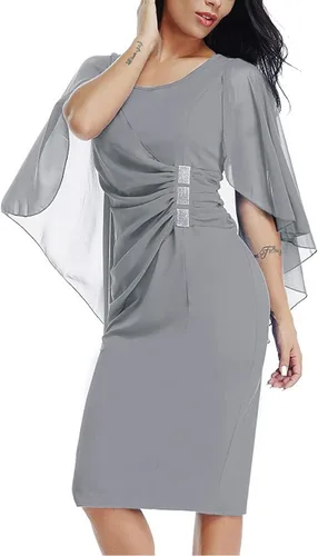 LALAGEN Vestido de gasa para mujer, talla grande, con volantes, favorecedor, manga de cabo, ajustado, para fiesta, color gris, talla XXL-1, Gris