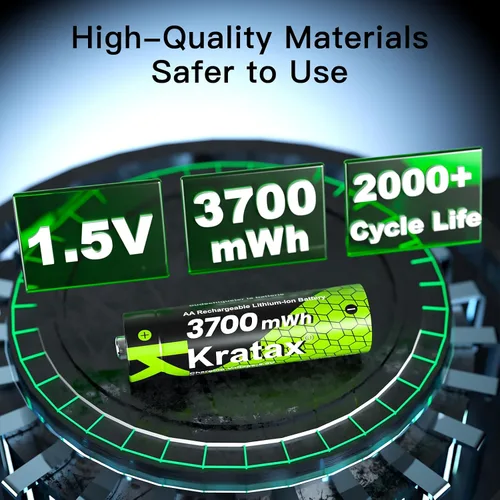 Miniatura 5 de Kratax Baterías de litio recargables AA de 3700 mWh con cargador, paquete de 4 baterías de iones de litio dobles A de alta capacidad de 1.5 V, larga