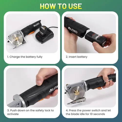 Miniatura 6 de VLOXO Tijeras eléctricas rotativas de tela sin cable, tijeras eléctricas recargables para cuero con bloqueo de seguridad, cortador de múltiples