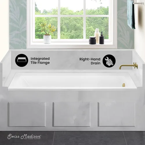 Miniatura 6 de Swiss Madison Voltaire 66" x 32" Bañera de Alcoba con Drenaje de Mano Derecha BLANCO BRILLO