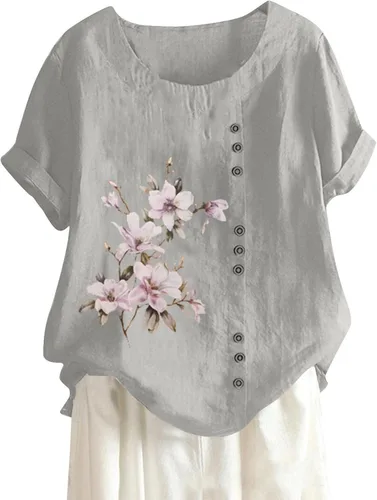 ZIXZMD Oversized Tshirts Shirts for Women Cotton Linen Floral Printed Short Sleeve Loose Fit Crewneck Womens Tops