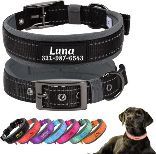 Collares de perro personalizados con nombre de mascota y número de teléfono, acolchado de neopreno suave, collar de perro grueso y fuerte, collar de