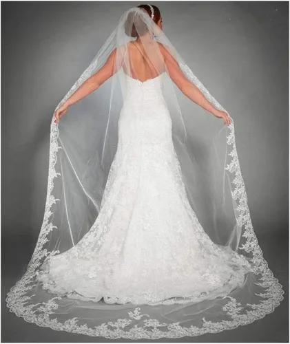 Aularso Velos de novia de encaje con velo floral para novias largo de la catedral con peine para novias de 118 pulgadas Blanco Talla libre
