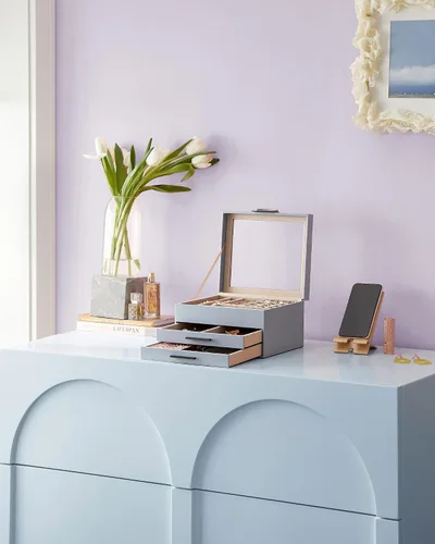 Miniatura 2 de SONGMICS Joyero con tapa de vidrio, organizador de joyas de 3 capas, 2 cajones, para joyas grandes y pequeñas, almacenamiento de joyas