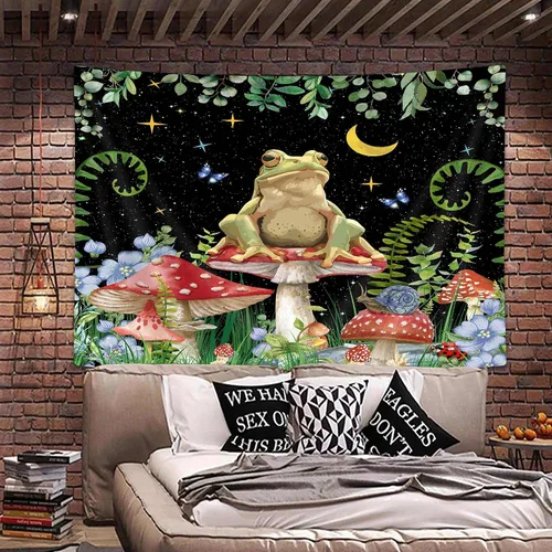 Miniatura 7 de JAWO Tapiz bohemio de hongos de rana, estrellas de luna para colgar en la pared, divertida decoración de casa de campo para dormitorio, sala