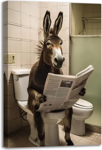 Miniatura 16 de GLOKAKA Lienzo decorativo para baño, diseño divertido de alpaca sentado en el inodoro, leyendo periódico, arte de pared, humor, granja, animal, arte
