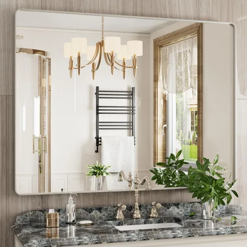 Miniatura 64 de JISOSO - Espejo de baño de 24x36 pulgadas con marco de metal cepillado color níquel, espejo con marco de metal cepillado plateado para pared, espejo