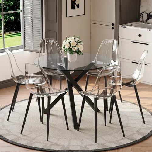 Miniatura 9 de Juego de mesa de comedor redonda para 6, juego de mesa de comedor de vidrio de 39 pulgadas con base de metal ajustable dorada en forma de X y 6