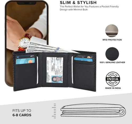 Miniatura 7 de Real Leather Trifold Wallet For Men - Slim Ultra Thin Tri Fold Front Pocket Minimalist Credit Card Holder ID Window Gift Men
