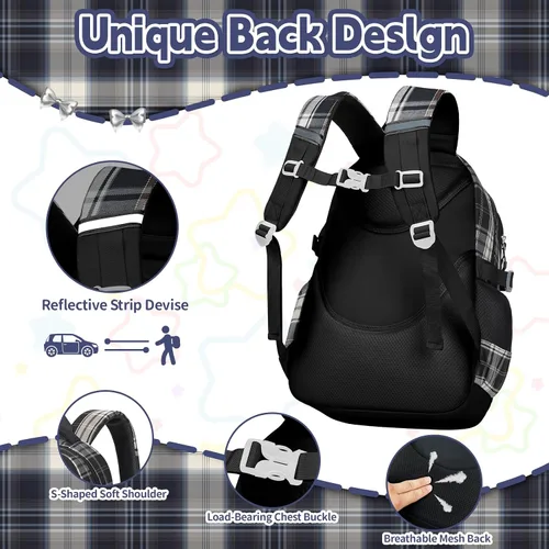 Miniatura 4 de Linda mochila para niñas, paquete de 5 mochila kawaii estética con juego de lonchera, bonita mochila escolar negra para niños y adolescentes