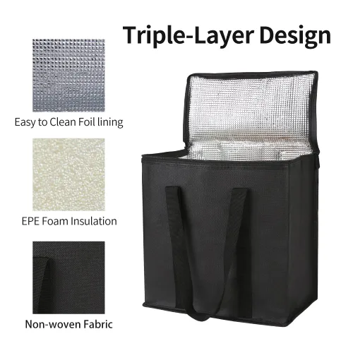 Miniatura 5 de Bodaon Paquete de 2 bolsas de compras reutilizables aisladas para comestibles, bolsa enfriadora de picnic con parte superior fría, color negro