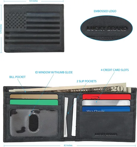 Miniatura 7 de Lucky Brand Bandera de cuero para hombre en relieve RFID Bifold