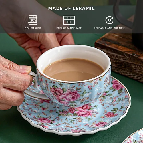 Miniatura 3 de Agyiuns Taza de té y platillos, tazas de té floral de 6.4 onzas con borde dorado, taza de té de porcelana, tazas de café capuchino espresso con Azul