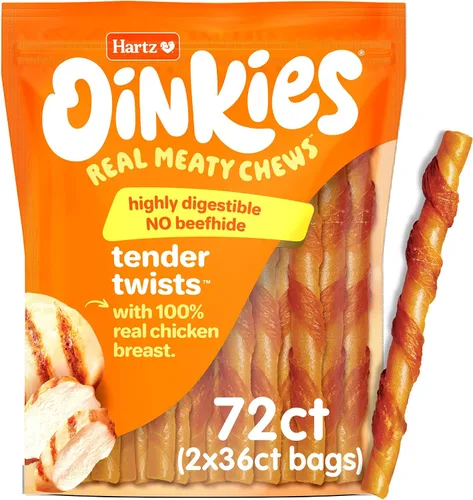 Miniatura 9 de Hartz Oinkies Tender Twists con pechuga de pollo real sin piel cruda para perros, masticables altamente digeribles para perros, 18