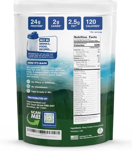 Miniatura 2 de Opportuniteas Concentrado en polvo de proteína de suero alimentado con hierba, 1 ingrediente, suplemento de proteína pura para bebidas, batidos