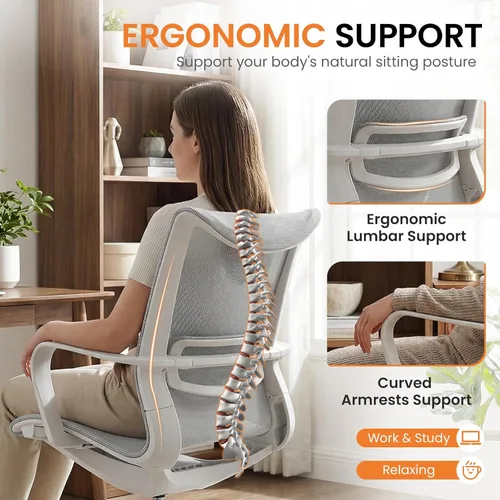 Miniatura 4 de LuxErgo Silla de oficina ergonómica de malla, silla de escritorio con respaldo medio con soporte lumbar y reposabrazos, altura ajustable, reclinable