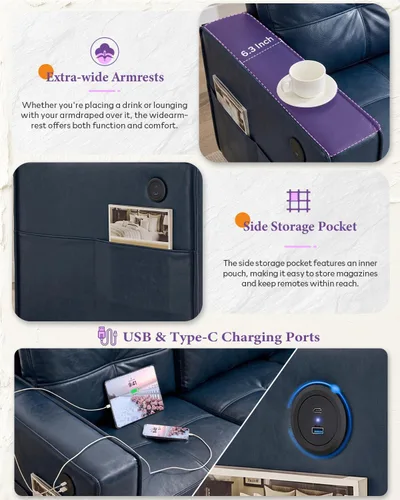 Miniatura 6 de TYBOATLE Sofá de dos plazas de piel sintética de 65 pulgadas para dormitorio, moderno y cómodo sofá de mediados de siglo con puertos de carga USB
