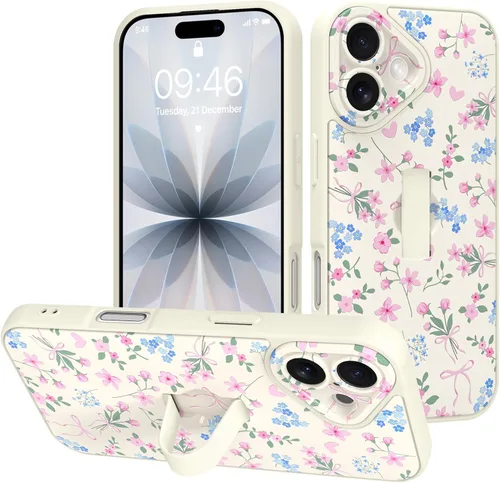 Miniatura 47 de Funda diseñada para iPhone 17 Pro Max con soporte plegable y correa para dedos, bonito patrón de lazo de corazón de flor rosa para mujeres y niñas