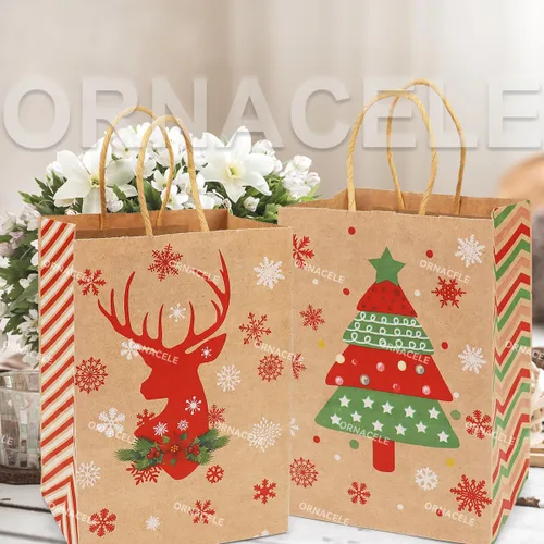 Miniatura 6 de ORNACELE 24 piezas de bolsas de regalo de Navidad surtidas - Pequeñas bolsas de papel kraft con asas e impresiones navideñas para envolver regalos