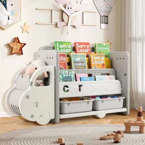 Costzon Organizador de almacenamiento de juguetes en forma de automóvil, estante de juguetes de 3 niveles con estantería, 2 cajas de almacenamiento,
