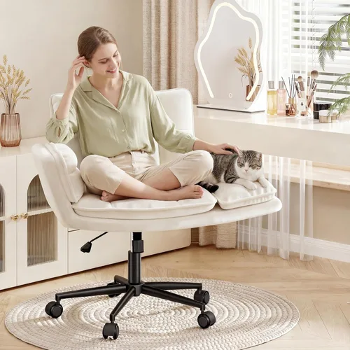 Miniatura 13 de Silla cruzada con ruedas, silla de oficina ergonómica con reposabrazos ajustables, silla de tocador con respaldo para dormitorio, sala de maquillaje