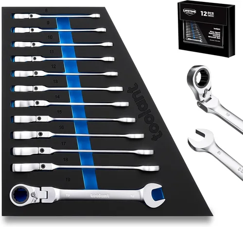 toolant Juego de 12 piezas de llaves de trinquete métricas, juegos de llaves de combinación de cabeza flexible con diseño de interruptor, 8-19mm, 90
