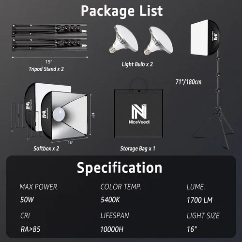 Miniatura 7 de NiceVeedi - Kit de iluminación Softbox, paquete de 2 unidades de 16 x 16 pulgadas, kit de iluminación fotográfica con soporte de trípode de 63