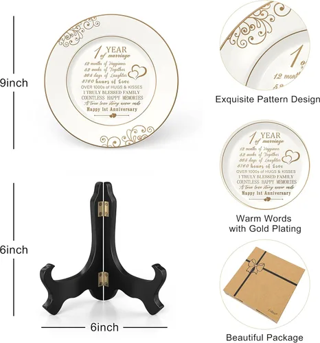 Miniatura 3 de Urllinz Plato de Primer Aniversario con Lámina de Oro de 24k - Regalos de Aniversario de Boda de 1 Año en Papel, Decoraciones para Él, Parejas