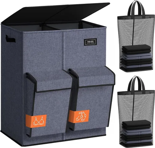 Miniatura 12 de SOLEDI Cesta doble para la ropa sucia con tapa, 47.8 galones (180 litros), cesta grande para lavandería, 2 secciones con 2 bolsillos laterales, Gris