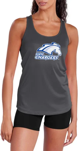 Miniatura 162 de Camiseta deportiva sin mangas oficial de la NCAA Collegiate para mujer, con espalda cruzada, logotipo primario, colección carbón