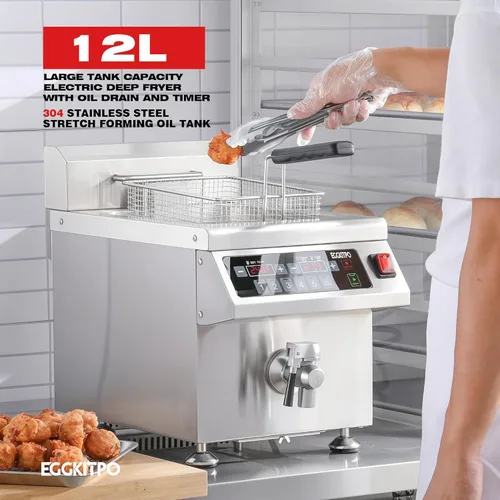 Miniatura 4 de EGGKITPO Freidora de inducción comercial de 12.6 cuartos de galón con temporizador, freidora eléctrica de drenaje con cesta, freidora de mesa grande