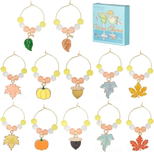 Miniatura 9 de SUNNYCLUE 1 caja de 12 dijes de copa de vino, bola de cristal dorada, etiqueta de victoria, identificación de bebidas de otoño para reunión, boda
