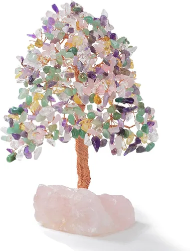 Miniatura 9 de KALIFANO Amatista natural prémium (414 piedras preciosas) Árbol de cristal de chakra con base de cuarzo rosa con propiedades curativas, árbol