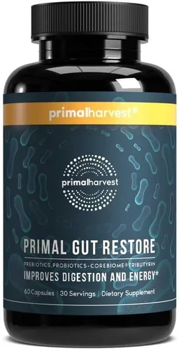 Restore for Gut Health by Primal Harvest, Primal Gut Restore w/ POSTbiotics, PREbióticos y PRObióticos para mujeres y hombres, 60 CT - Digestión,