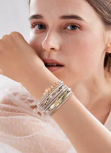 Miniatura 4 de Wowanoo - Juego de 3 pulseras de cuero de varias capas con cierre magnético para mujer, con cristales, ramas de árbol pulseras para mujer.