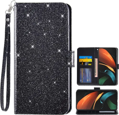 Asuwish Funda de teléfono para Samsung Galaxy Z Fold 2 5G 2020 con cubierta de cartera con purpurina, soporte para tarjetero, soporte de ranura para