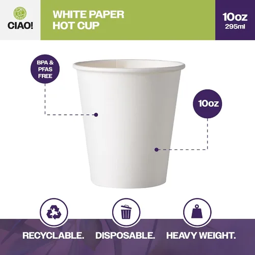 Miniatura 2 de CIAO! Vaso de papel para bebidas calientes de 10 onzas, blanco, desechable, diámetro de 90 mm, 1.000