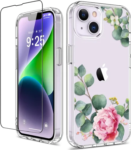 Miniatura 15 de Funda para iPhone 14 Pro con protector de pantalla, 6.1 pulgadas, transparente de cuerpo completo, a prueba de golpes, diseño floral, para niñas