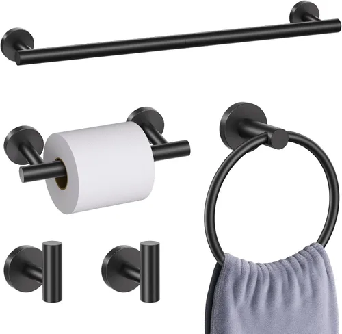 Juego de 5 accesorios de baño negro mate, juego de toallero de 23.6 pulgadas, soporte de papel higiénico de acero inoxidable, toalleros redondos