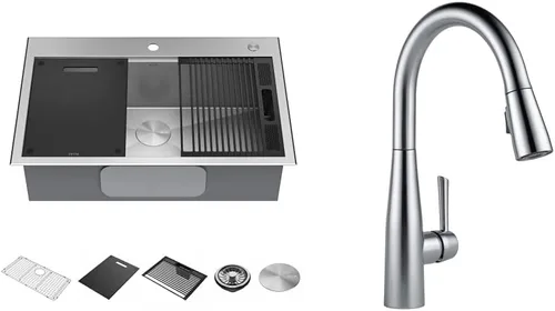 Miniatura 19 de DELTA, Rivet - Lavaplatos de cocina de 33 pulgadas con estación de trabajo, montaje superior, acero inoxidable de calibre 16, cuenco individual +