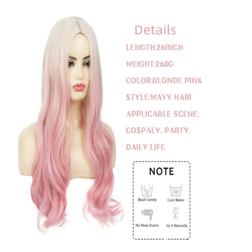 Miniatura 3 de Peluca larga ondulada de rubio a rosa para mujer, rizada, resistente al calor, sintética, para Halloween, cosplay, pelucas de pelo