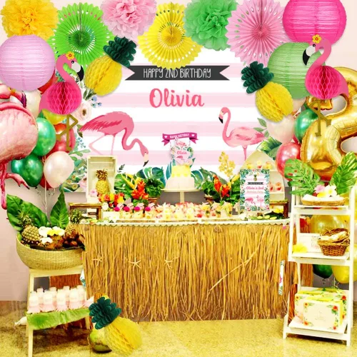 Miniatura 6 de YUNXUAN Suministros de fiesta de flamenco, decoraciones de fiesta hawaiana de flamenco y piña, bolas de panal, faroles de papel, abanicos de papel