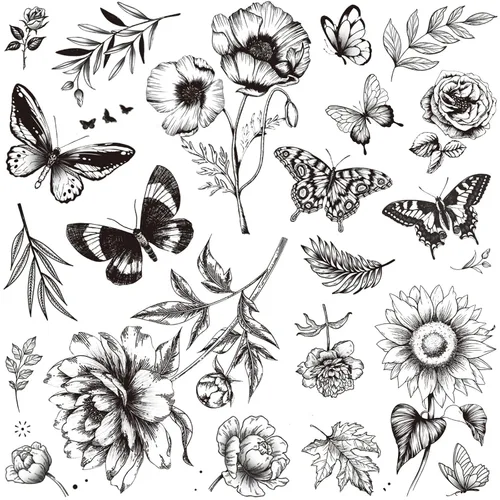 Tazimi 6 hojas de tatuajes temporales de mariposa de flores negras para mujeres y niñas, de larga duración, realistas, impermeables, tatuajes falsos