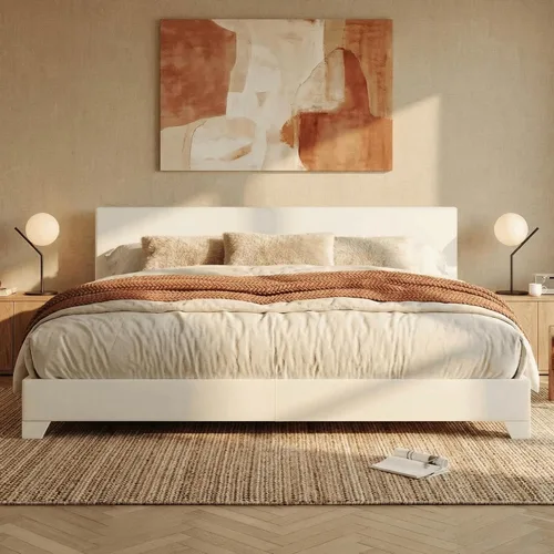 SHA CERLIN Base de cama tamaño King con cabecera ajustable, plataforma tapizada de piel sintética con listones de madera, base de colchón estable,
