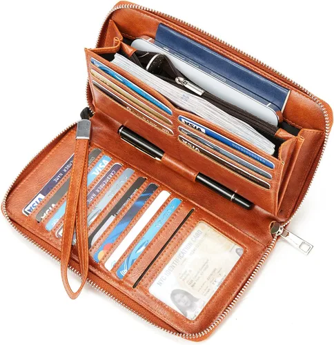 Miniatura 2 de BROMEN Cartera de cuero grande para mujer, soporte para teléfono con cremallera alrededor del bolso